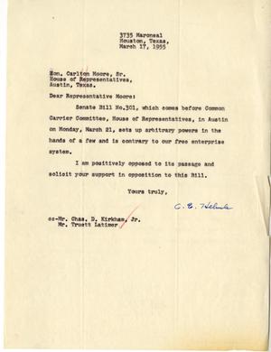 Primary view of object titled '[Letter from C. E. Helunle to Carlton Moore, Sr., March 17, 1955]'.