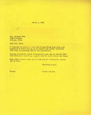 Primary view of object titled '[Letter from Truett Latimer to Mrs. Holland Holt, March 1, 1955]'.