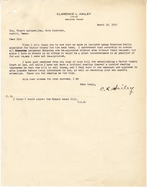 [Letter from Clarence L. Hailey to Truett Latimer, March 18, 1955]