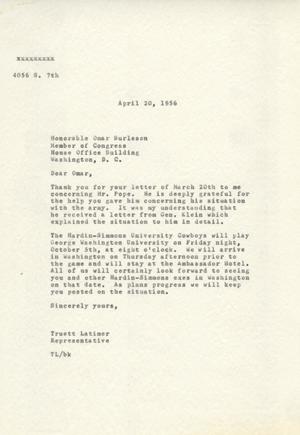 [Letter from Truett Latimer to Omar Burleson, April 20, 1955]