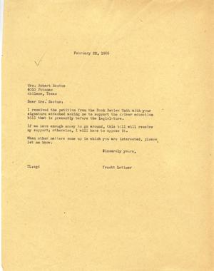 [Letter from Truett Latimer to Mrs. Robert Eastus, February 22, 1955]