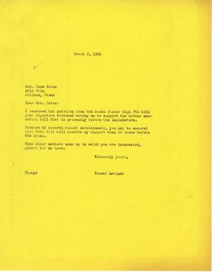 [Letter from Truett Latimer to Mrs. Gene Estes, March 8, 1955]