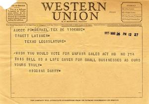 [Letter from Higgins Dairy to Truett Latimer, March 26, 1955]