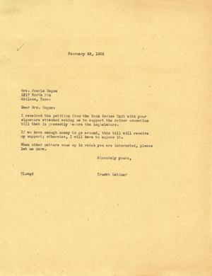[Letter from Truett Latimer to Mrs. Pearle Hogue, February 22, 1955]
