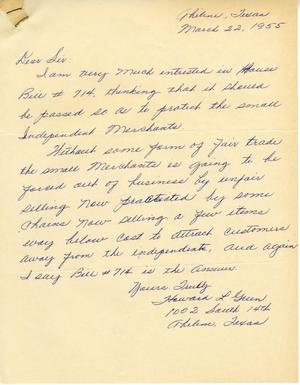 [Letter from Howard L. Green to Truett Latimer, March 22, 1955]