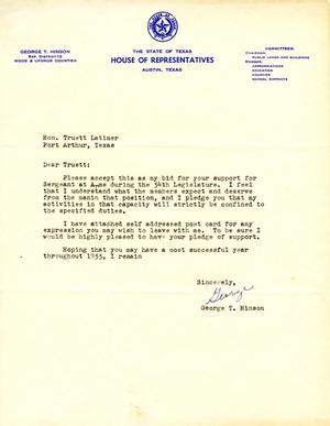 [Letter from George T. Hinson to Truett Latimer, 1954]