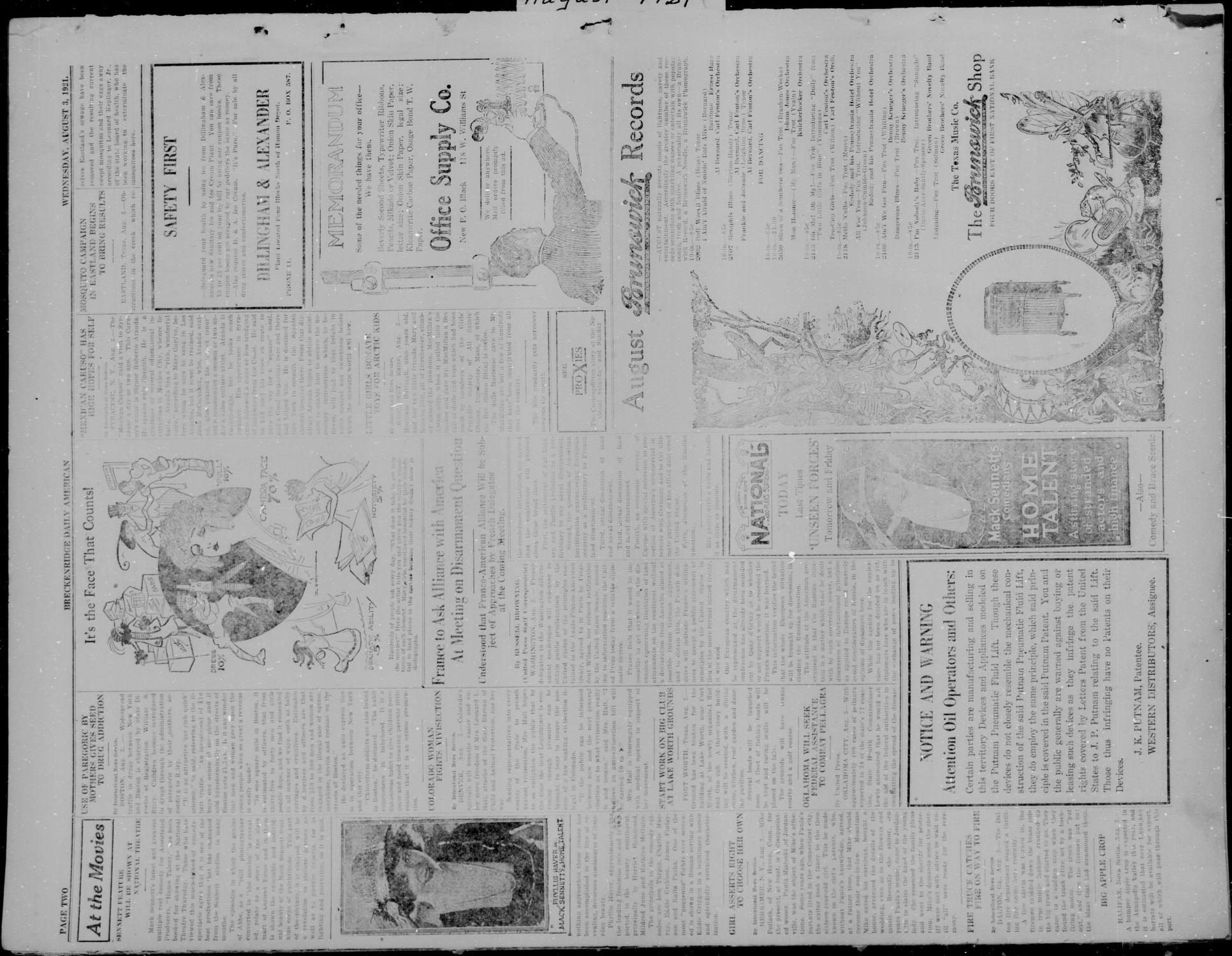 The Breckenridge Daily American (Breckenridge, Tex), Vol. 2, No. 30, Ed. 1, Wednesday, August 3, 1921
                                                
                                                    [Sequence #]: 2 of 6
                                                