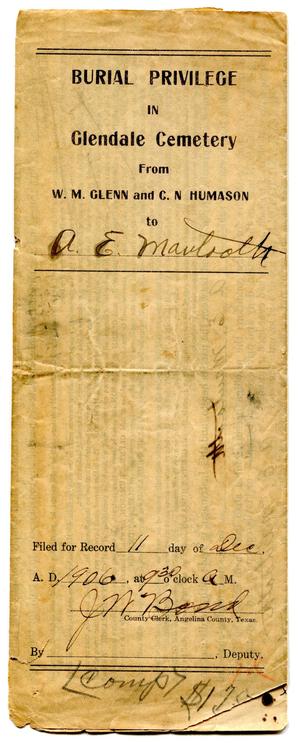 Primary view of object titled '[Burial Privilege in Glendale Cemetery to A.E. Mantooth]'.