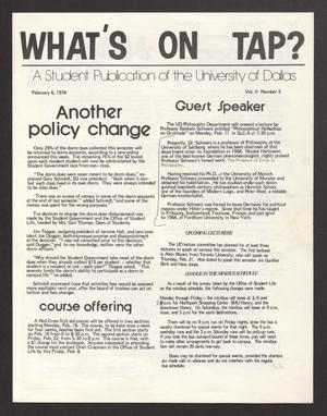 Primary view of object titled 'What's On Tap? (Irving, Tex.), Vol. 2, No. 3, Ed. 1 Wednesday, February 6, 1974'.