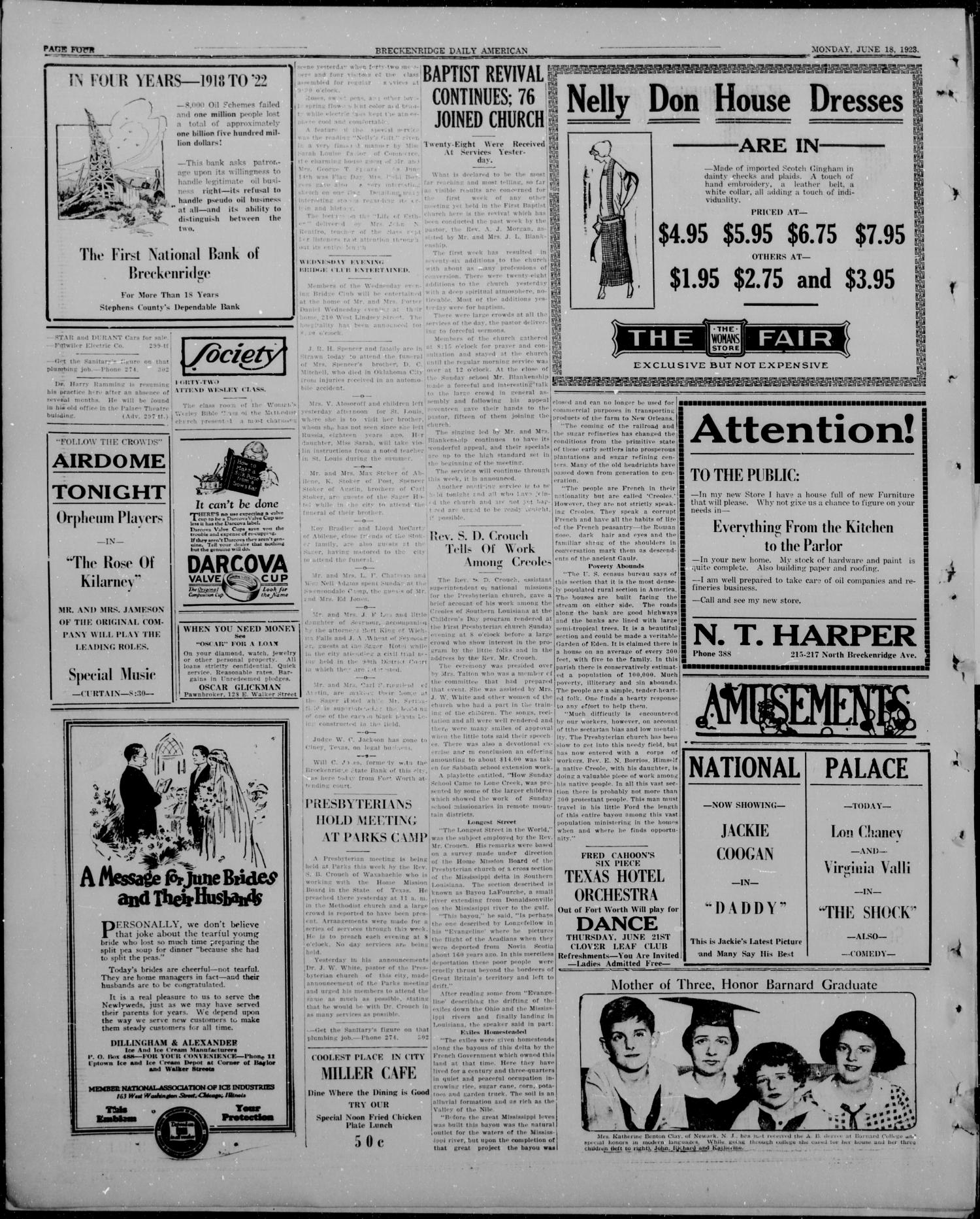 The Breckenridge Daily American (Breckenridge, Tex), Vol. 3, No. 301, Ed. 1, Monday, June 18, 1923
                                                
                                                    [Sequence #]: 4 of 4
                                                