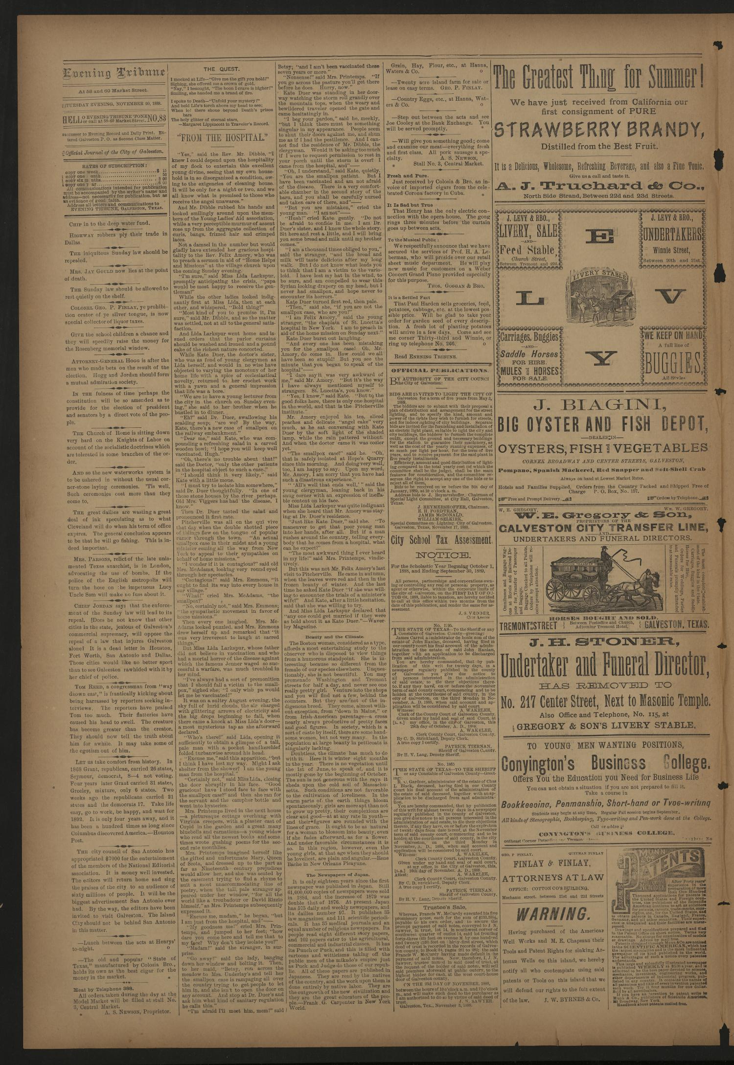 Evening Tribune. (Galveston, Tex.), Vol. 9, No. 9, Ed. 1 Tuesday, November 20, 1888
                                                
                                                    [Sequence #]: 2 of 4
                                                