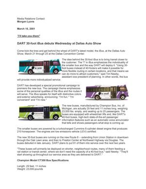 Primary view of object titled 'DART 30-foot iBus debuts Wednesday at Dallas Auto Show'.