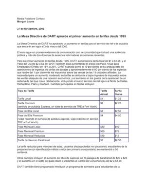Primary view of object titled 'La Mesa Directiva de DART aprueba el primer aumento en tarifas desde 1995'.