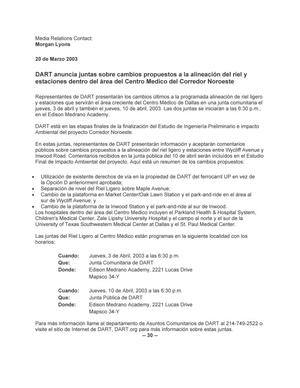 DART anuncia juntas sobre cambios propuestos a la alineación del riel y estaciones dentro del área del Centro Medico del Corredor Noroeste