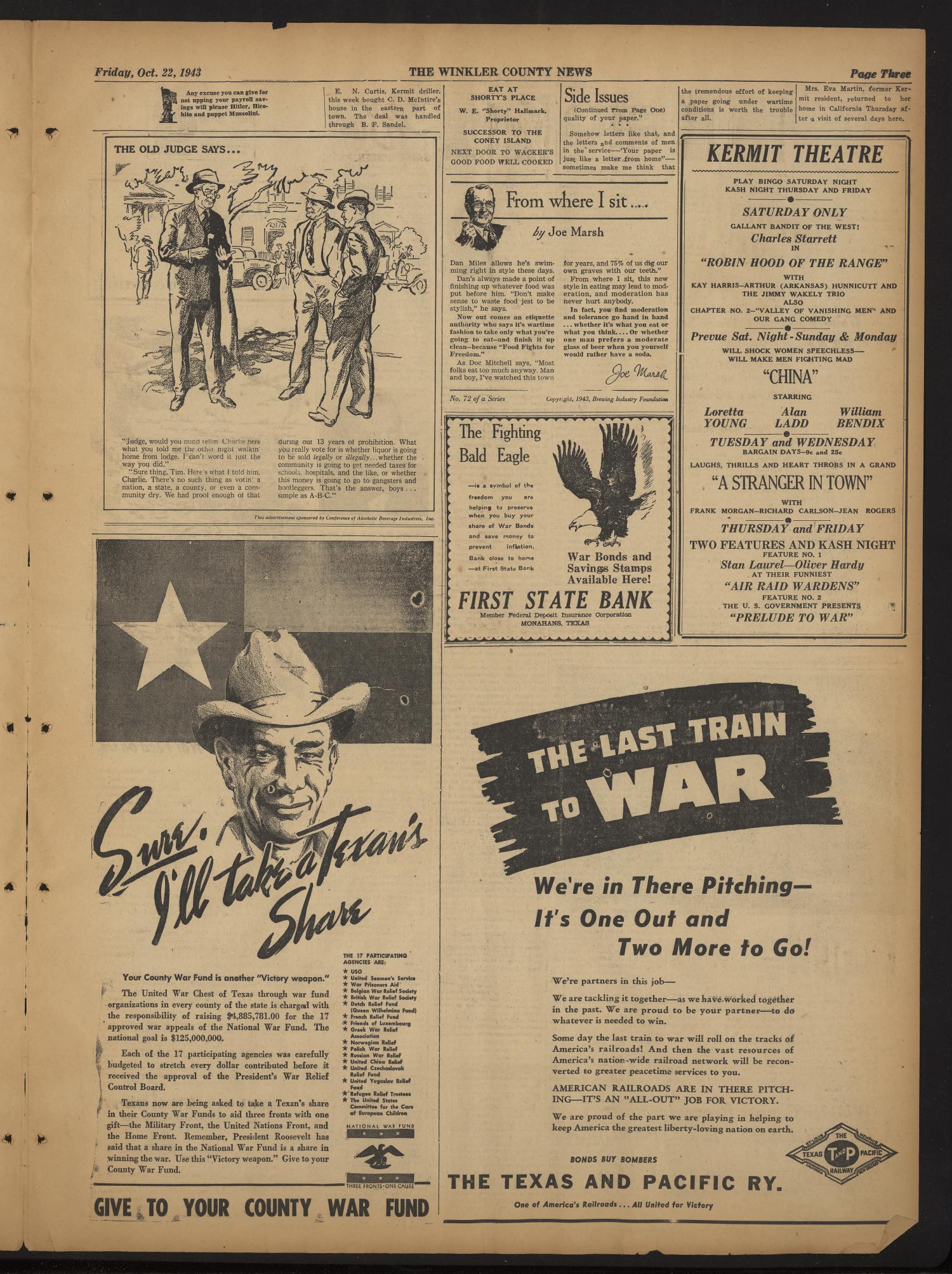 The Winkler County News (Kermit, Tex.), Vol. 7, No. 29, Ed. 1 Friday, October 22, 1943
                                                
                                                    [Sequence #]: 3 of 4
                                                