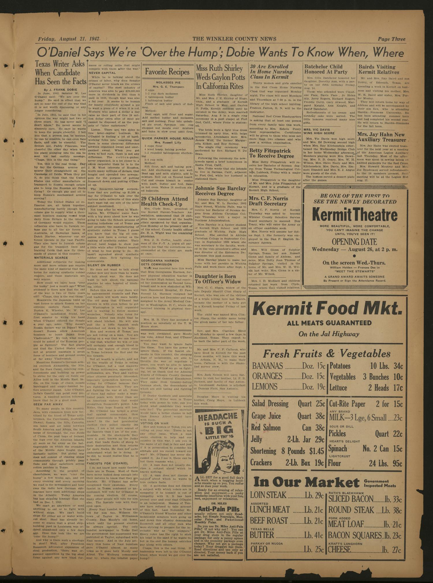 The Winkler County News (Kermit, Tex.), Vol. 6, No. 22, Ed. 1 Friday, August 21, 1942
                                                
                                                    [Sequence #]: 3 of 4
                                                
