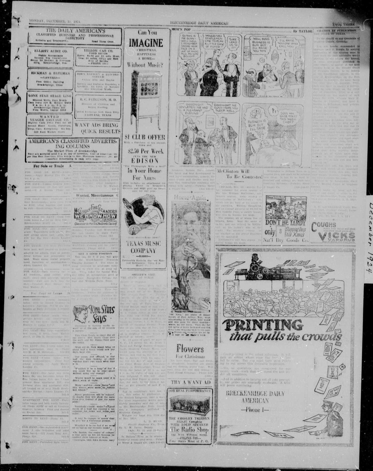 The Breckenridge Daily American (Breckenridge, Tex), Vol. 5, No. 140, Ed. 1, Monday, December 15, 1924
                                                
                                                    [Sequence #]: 3 of 4
                                                