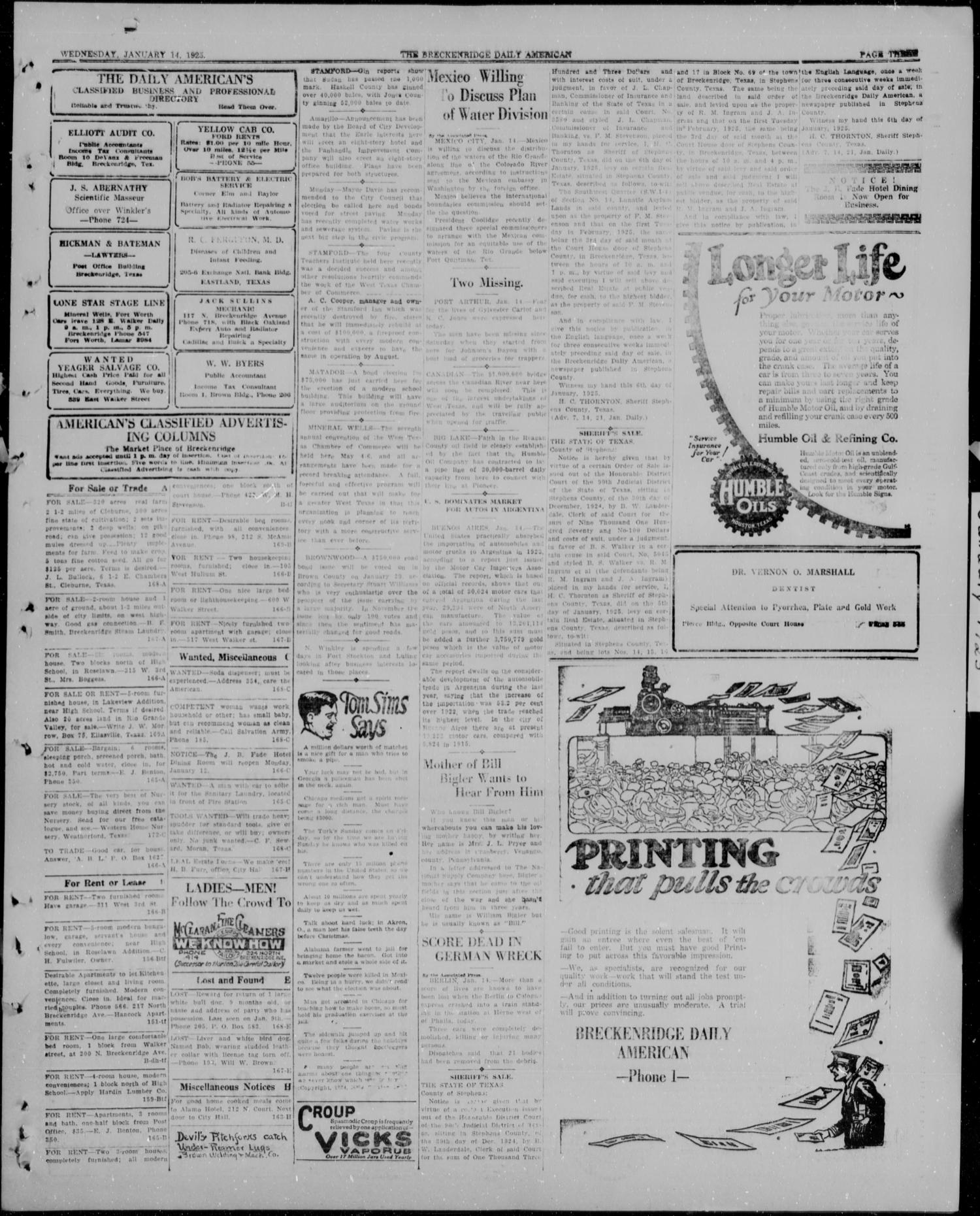The Breckenridge Daily American (Breckenridge, Tex), Vol. 5, No. 166, Ed. 1, Wednesday, January 14, 1925
                                                
                                                    [Sequence #]: 3 of 4
                                                
