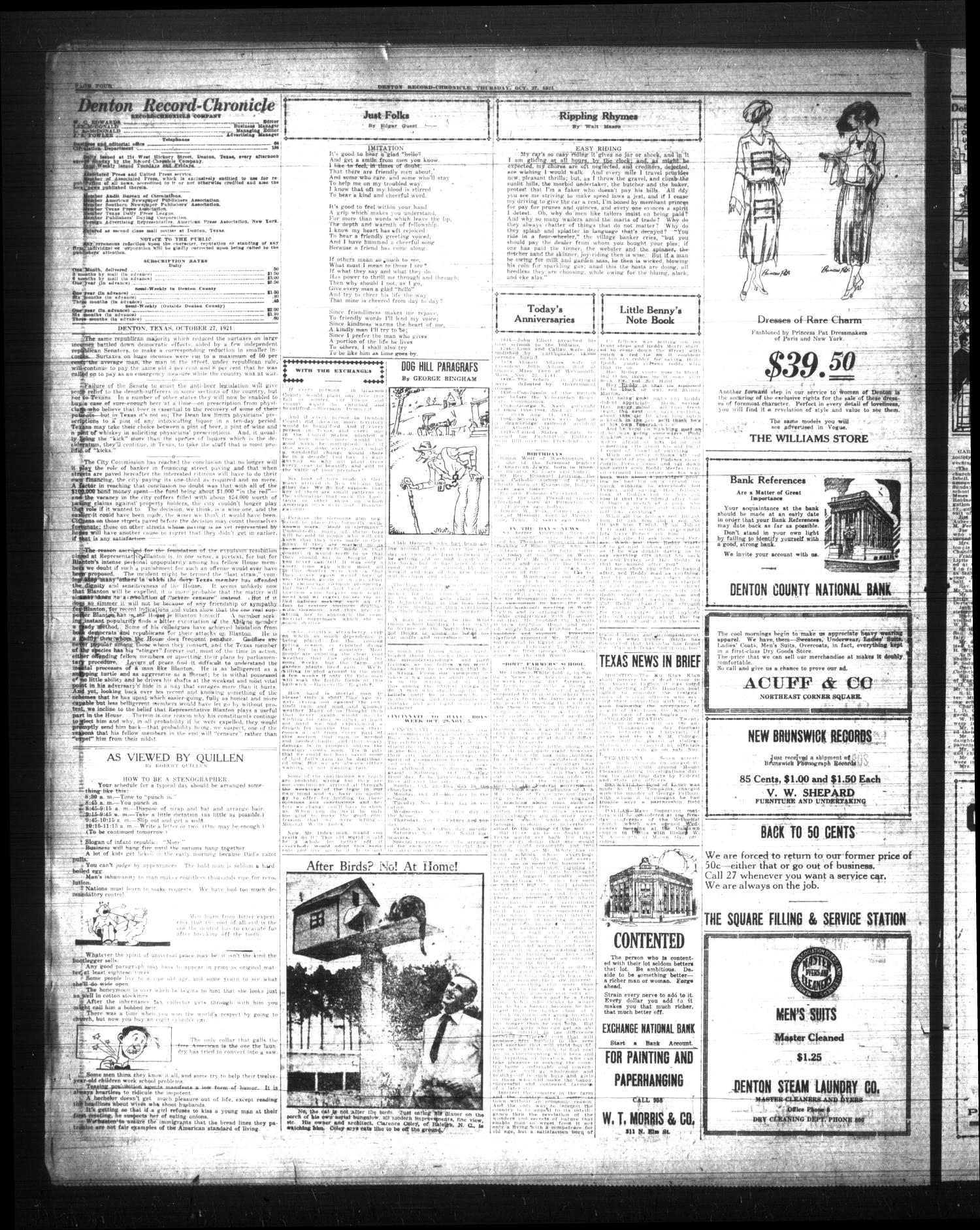 Denton Record-Chronicle (Denton, Tex.), Vol. 22, No. 64, Ed. 1 Thursday, October 27, 1921
                                                
                                                    [Sequence #]: 4 of 12
                                                