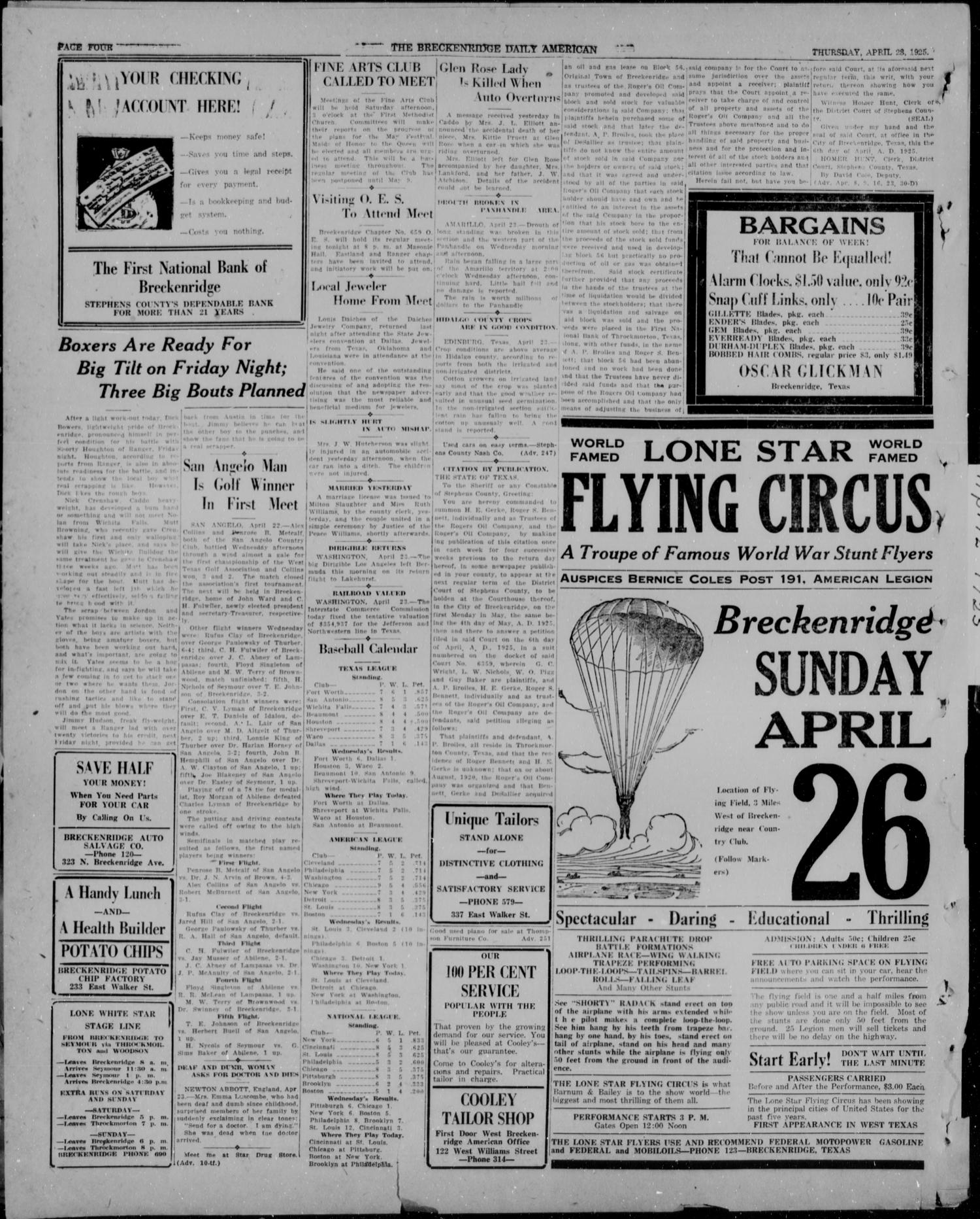 The Breckenridge Daily American (Breckenridge, Tex), Vol. 5, No. 251, Ed. 1, Thursday, April 23, 1925
                                                
                                                    [Sequence #]: 4 of 4
                                                