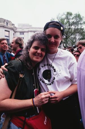 Primary view of object titled '[Jana Birchum and Lisa Davis at March on Washington for Gay Rights]'.