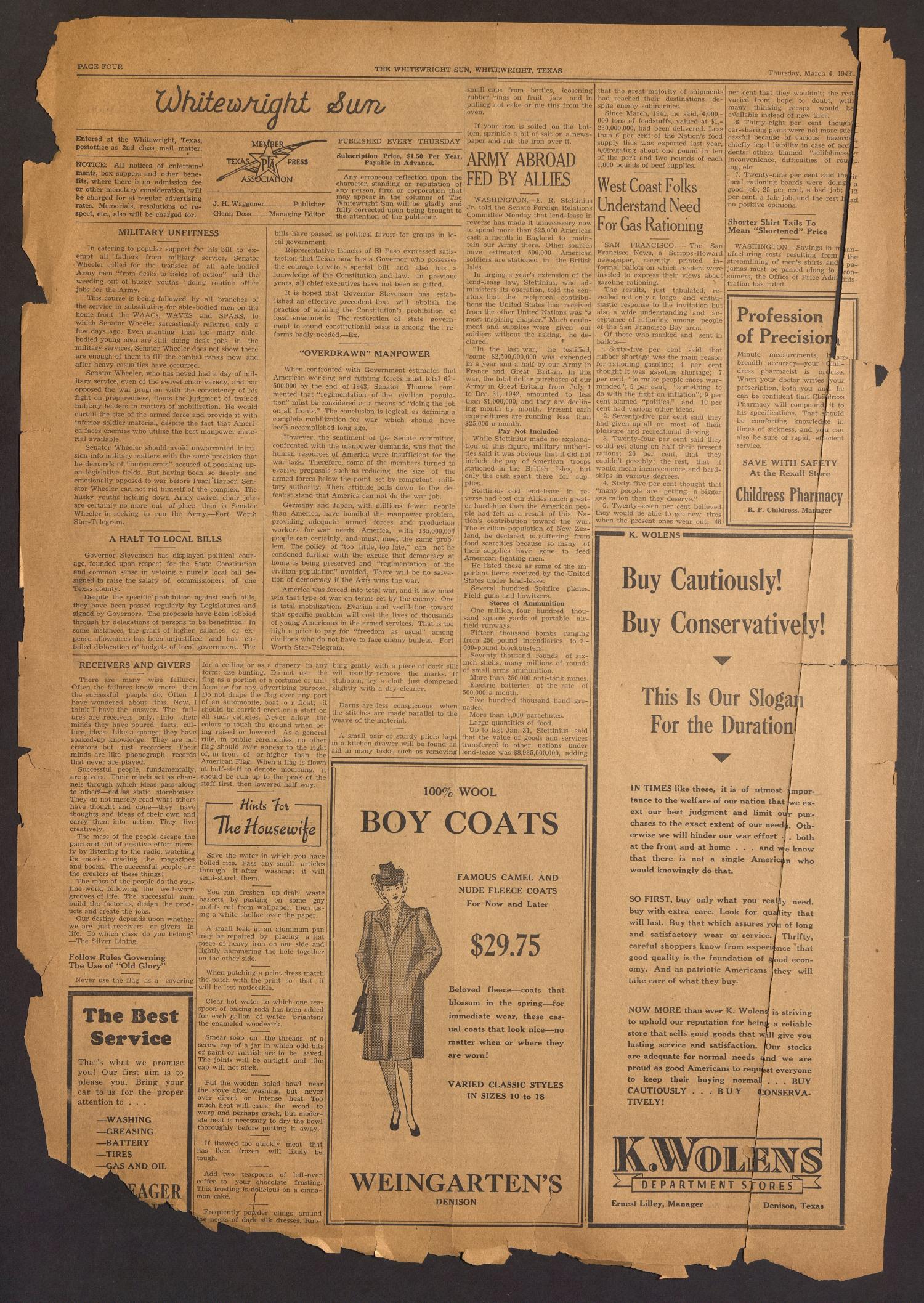 The Whitewright Sun (Whitewright, Tex.), Vol. [58], No. [9], Ed. 1 Thursday, March 4, 1943
                                                
                                                    [Sequence #]: 2 of 6
                                                
