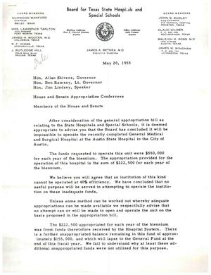 Primary view of object titled '[Letter from Claud Gilmer and Durwood Manford to Members of the House and Senate, May 20, 1955]'.
