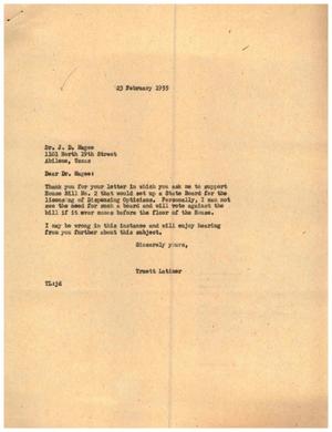 [Letter from Truett Latimer to J. D. Magee, February 23, 1955]