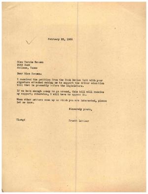 [Letter from Vernie Newman to Truett Latimer, February 22, 1955]