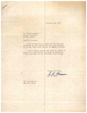 [Letter from J. A. Mann to Truett Latimer, February 10, 1955]