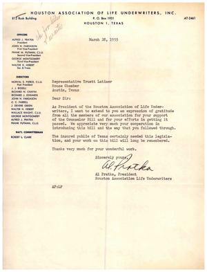 [Letter from Al Pratka to Truett Latimer, March 28, 1955]