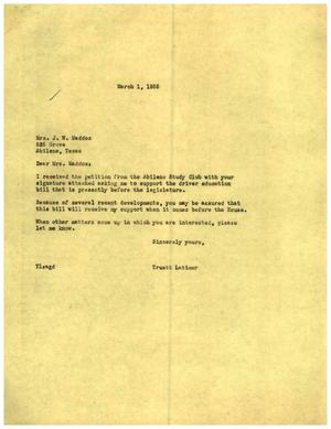 [Letter from Truett Latimer to Mrs. J. W. Maddox, March 1, 1955]