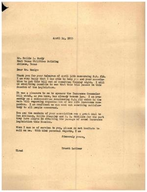 [Letter from Truett Latimer to Hollis L. Manly, April 14, 1955]