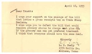 [Letter from L. G. Neely to Truett Latimer, April 18, 1955]