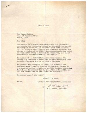 [Letter from A. W. Newman to Truett Latimer, April 5, 1955]
