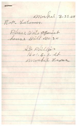 [Letter from S. D. Phillips to Truett Latimer, March 22, 1955]