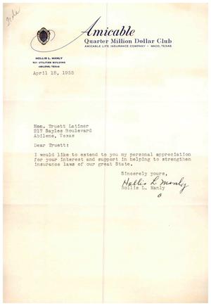 [Letter from Hollis L. Manly to Truett Latimer, April 18, 1955]