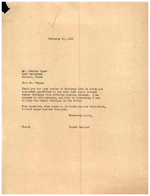 [Letter from Truett Latimer to Johnnie Payne, February 15, 1955]