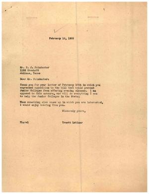 [Letter from Truett Latimer to B. J. Poindexter, February 16, 1955]