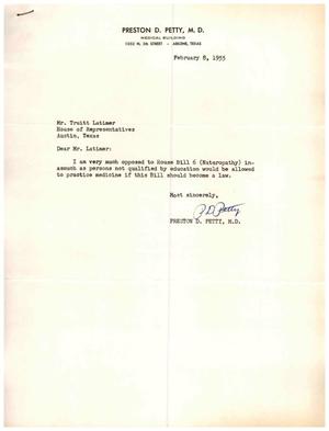 [Letter from Preston D. Petty to Truett Latimer, February 8, 1955]