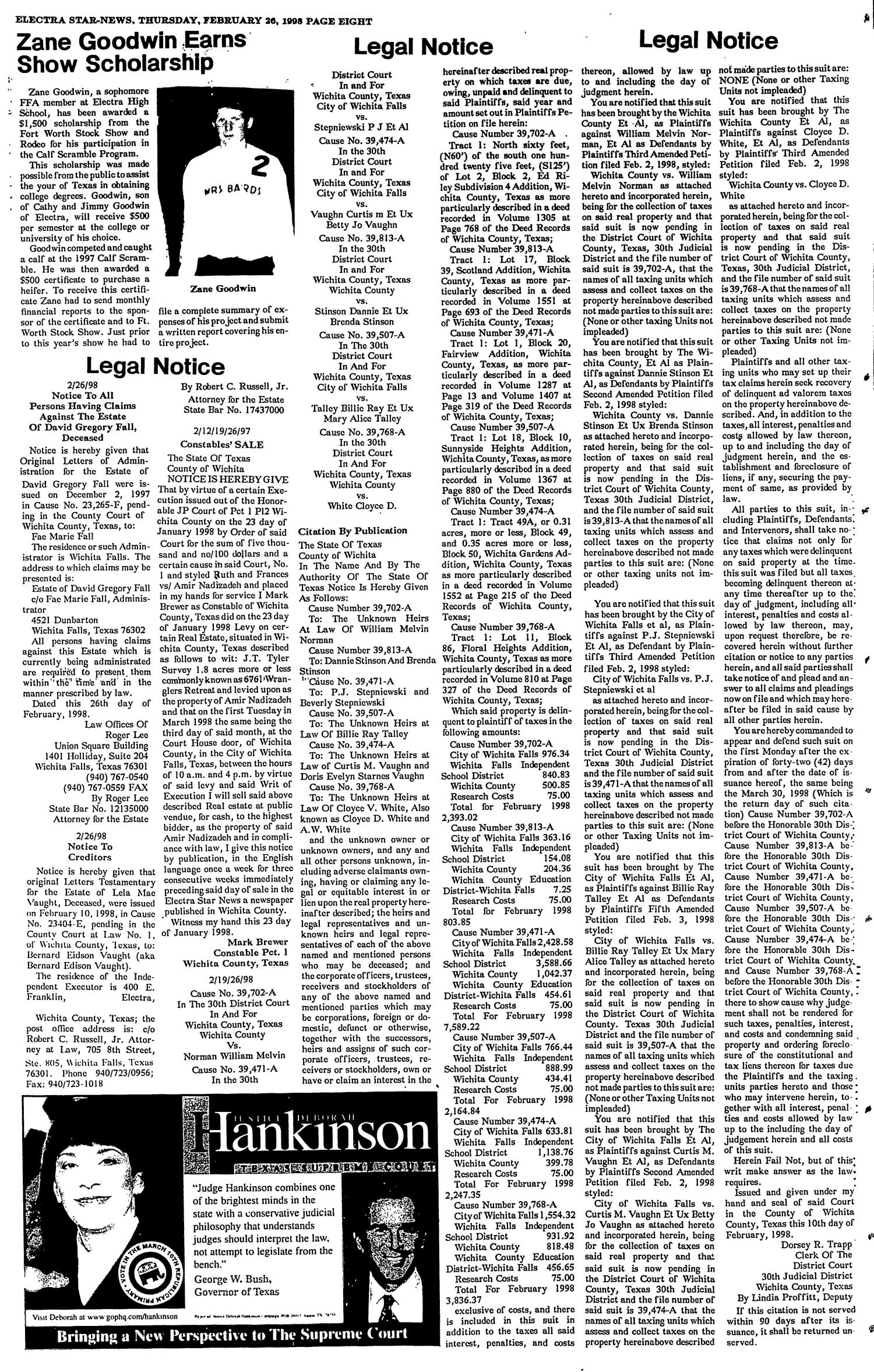 Electra Star-News (Electra, Tex.), Vol. 91, No. 28, Ed. 1 Thursday, February 26, 1998
                                                
                                                    [Sequence #]: 8 of 10
                                                