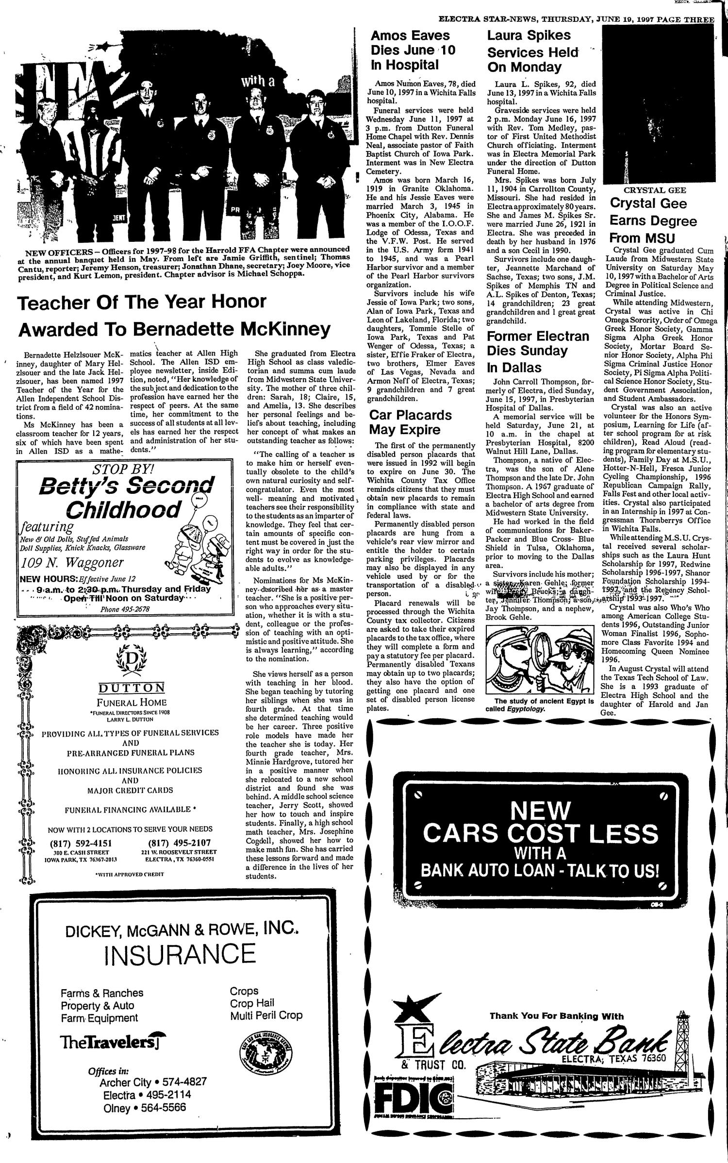 Electra Star-News (Electra, Tex.), Vol. 90, No. 44, Ed. 1 Thursday, June 19, 1997
                                                
                                                    [Sequence #]: 3 of 20
                                                