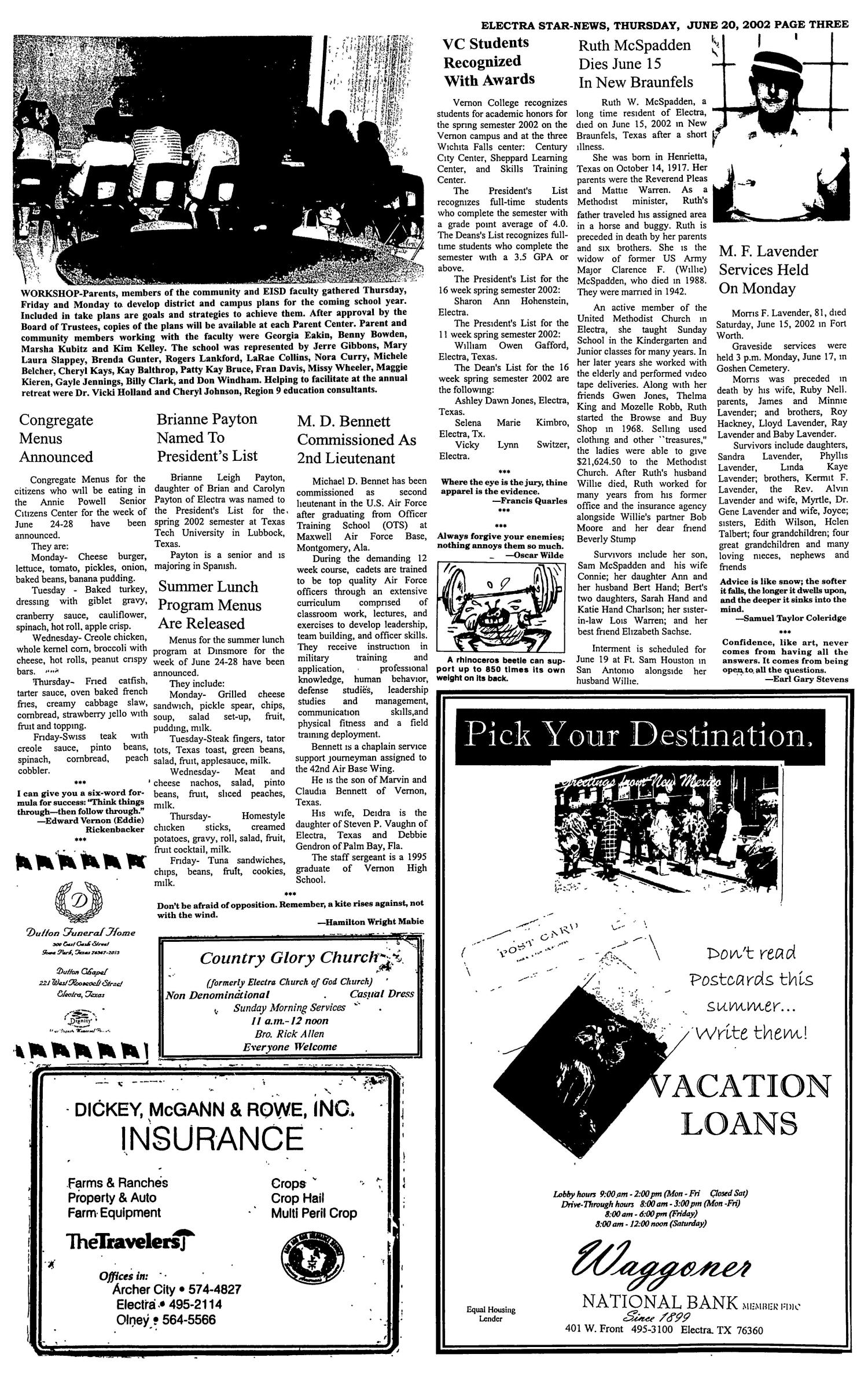 Electra Star-News (Electra, Tex.), Vol. 95, No. 44, Ed. 1 Thursday, June 20, 2002
                                                
                                                    [Sequence #]: 3 of 8
                                                