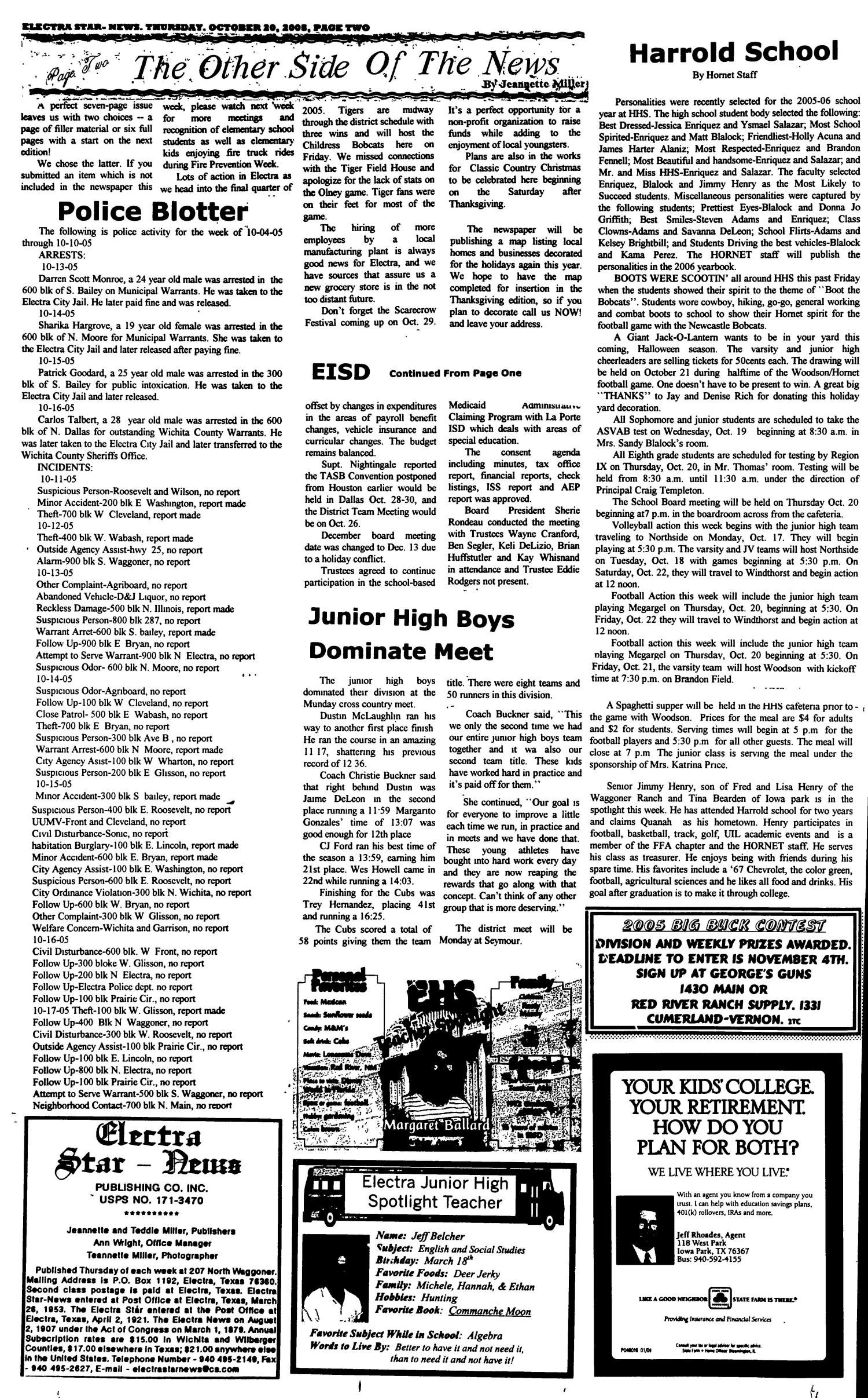 Electra Star-News (Electra, Tex.), Vol. 99, No. 10, Ed. 1 Thursday, October 20, 2005
                                                
                                                    [Sequence #]: 2 of 6
                                                