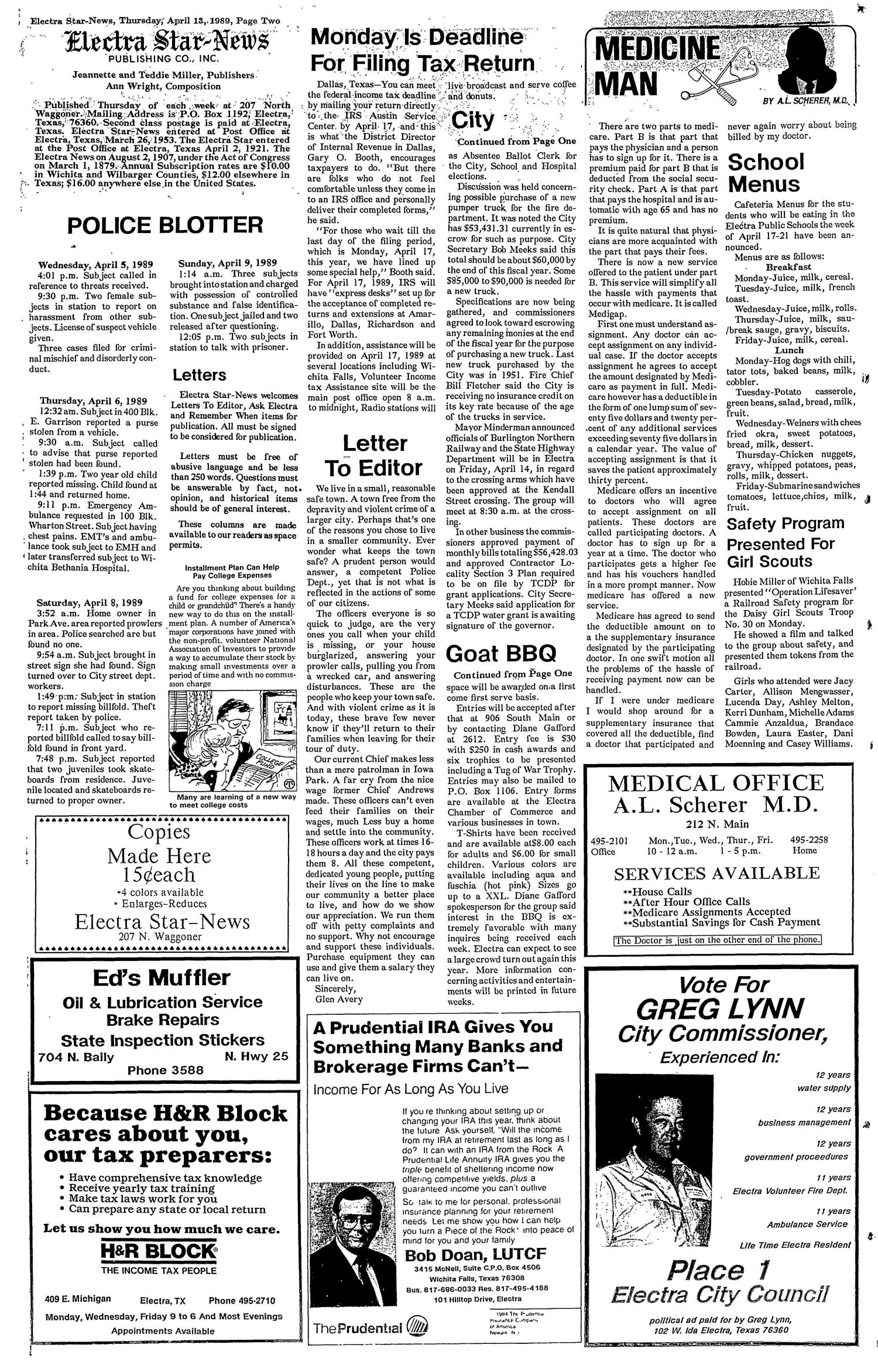 Electra Star-News (Electra, Tex.), Vol. 82, No. 35, Ed. 1 Thursday, April 13, 1989
                                                
                                                    [Sequence #]: 2 of 24
                                                