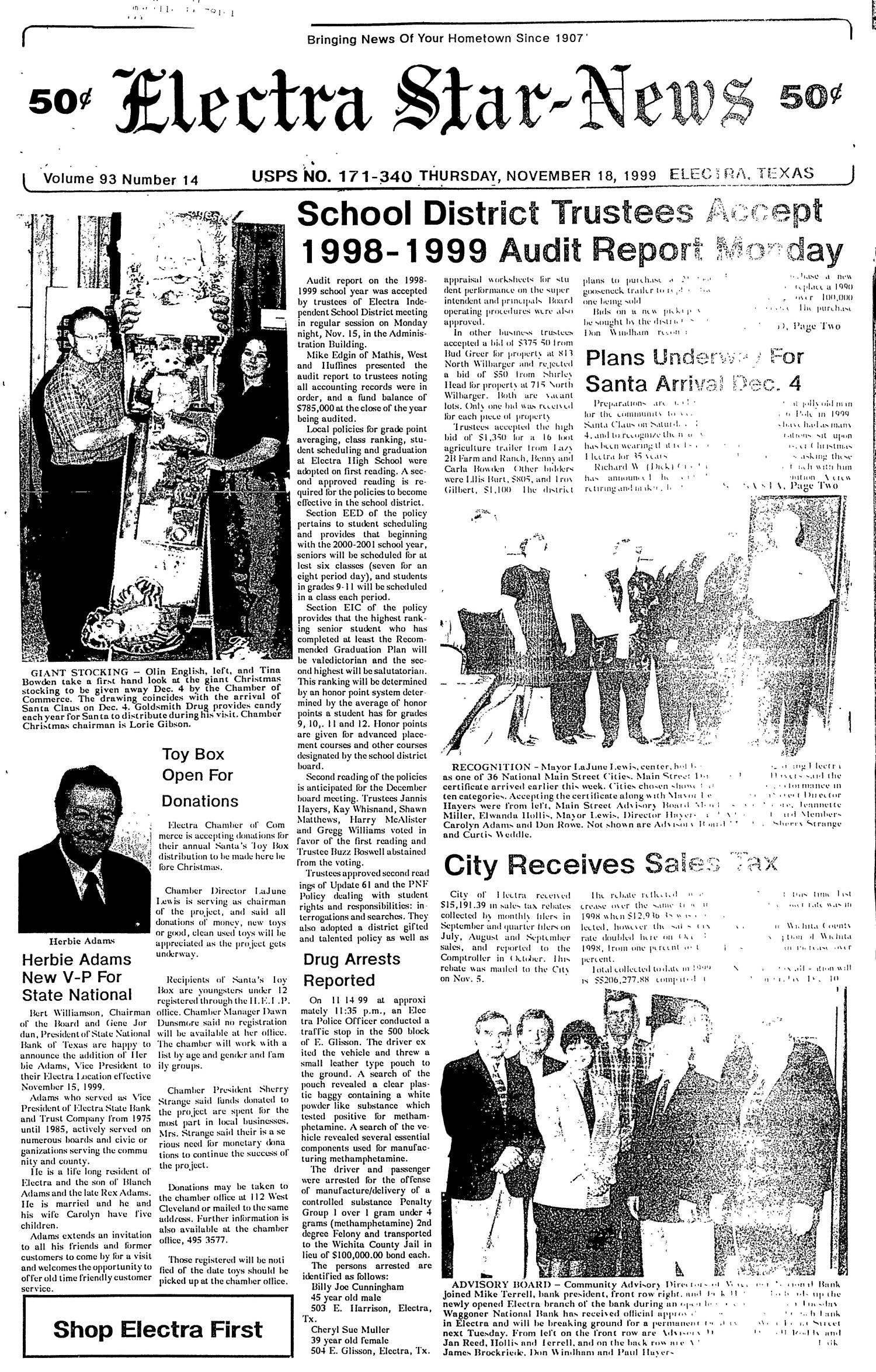 Electra Star-News (Electra, Tex.), Vol. 93, No. 14, Ed. 1 Thursday, November 18, 1999
                                                
                                                    [Sequence #]: 1 of 10
                                                