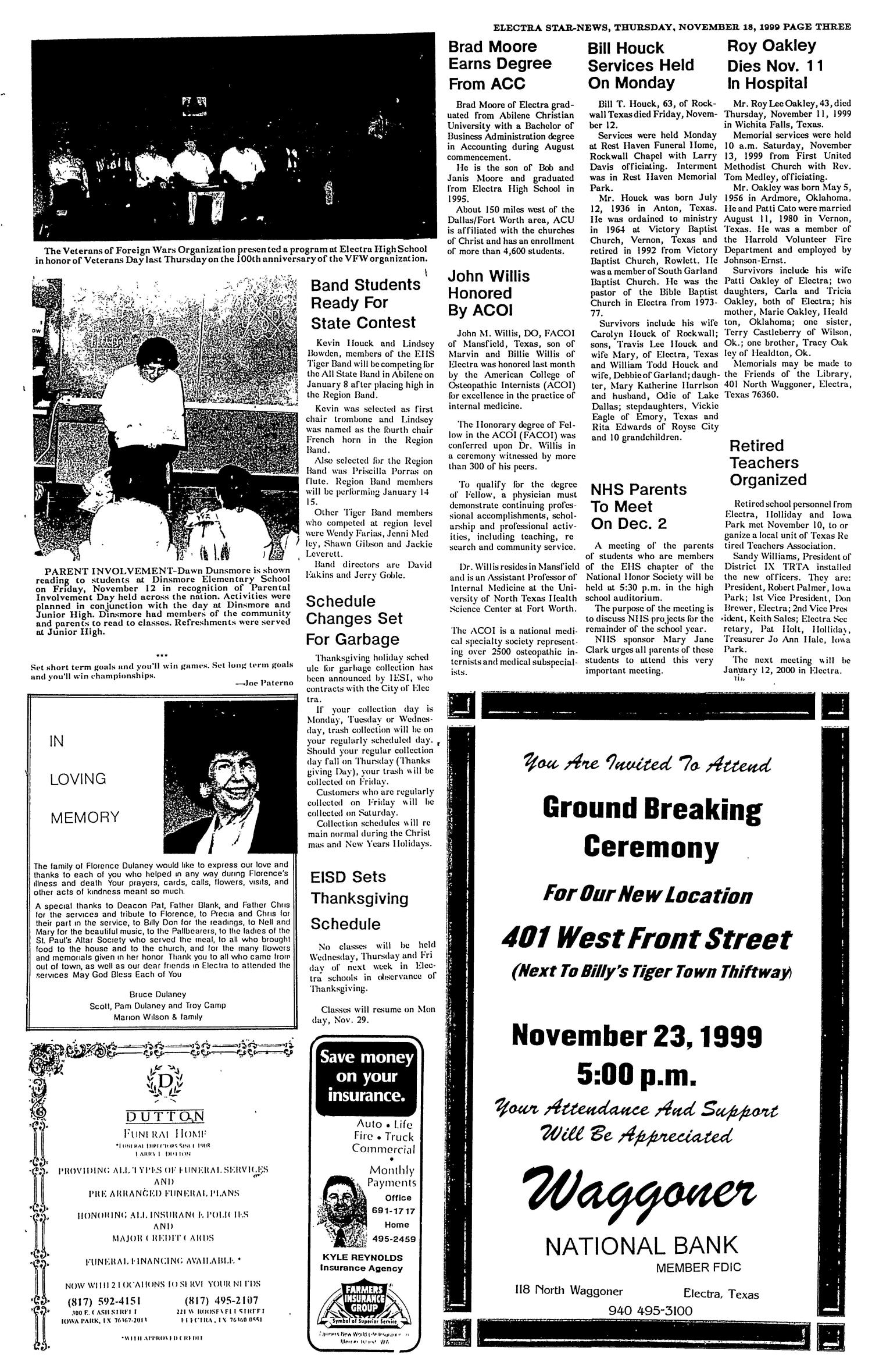Electra Star-News (Electra, Tex.), Vol. 93, No. 14, Ed. 1 Thursday, November 18, 1999
                                                
                                                    [Sequence #]: 3 of 10
                                                