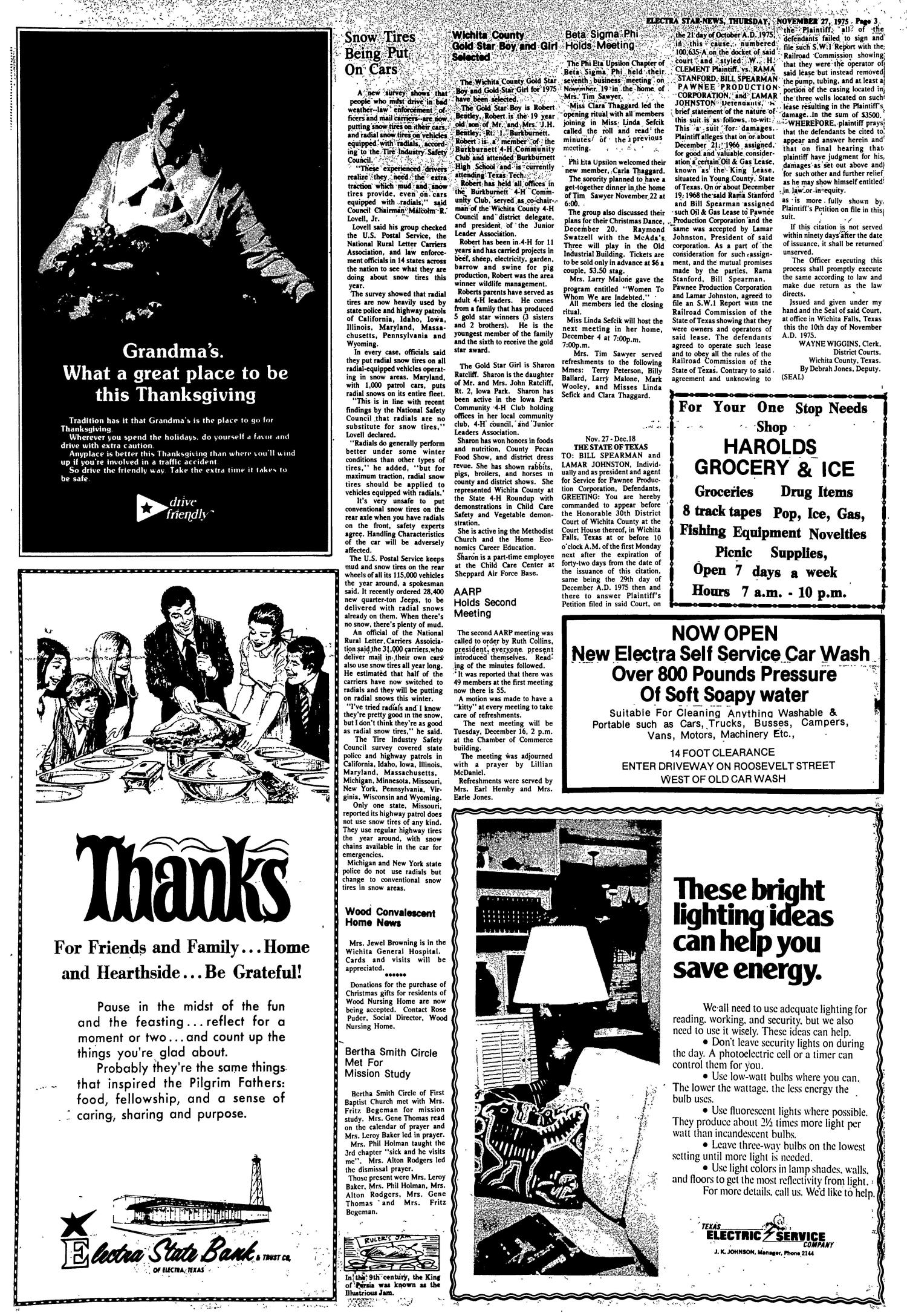 Electra Star-News (Electra, Tex.), Vol. 68, No. 16, Ed. 1 Thursday, November 27, 1975
                                                
                                                    [Sequence #]: 3 of 6
                                                