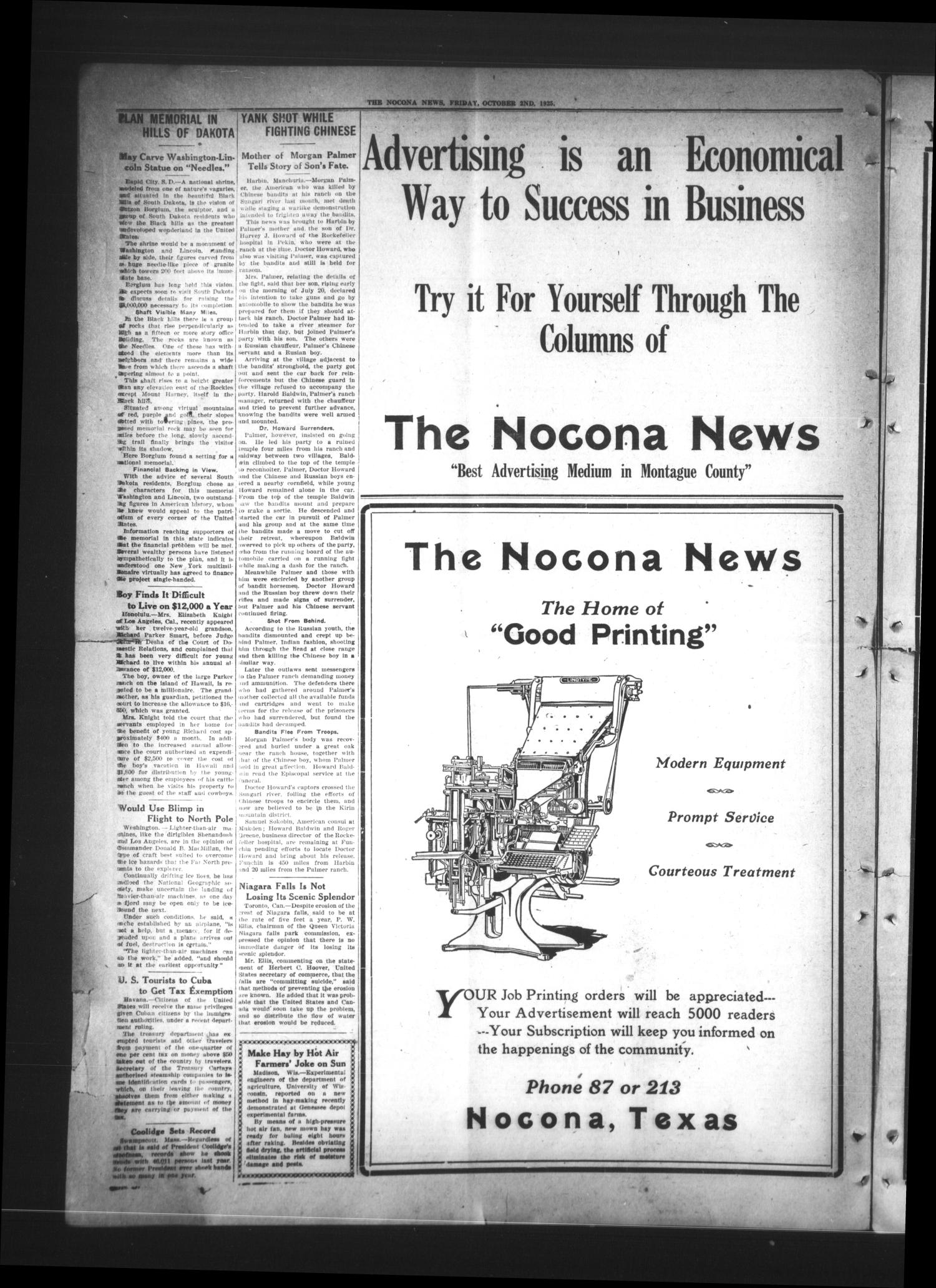 The Nocona News. (Nocona, Tex.), Vol. 20, No. 17, Ed. 1 Friday, October 2, 1925
                                                
                                                    [Sequence #]: 8 of 11
                                                