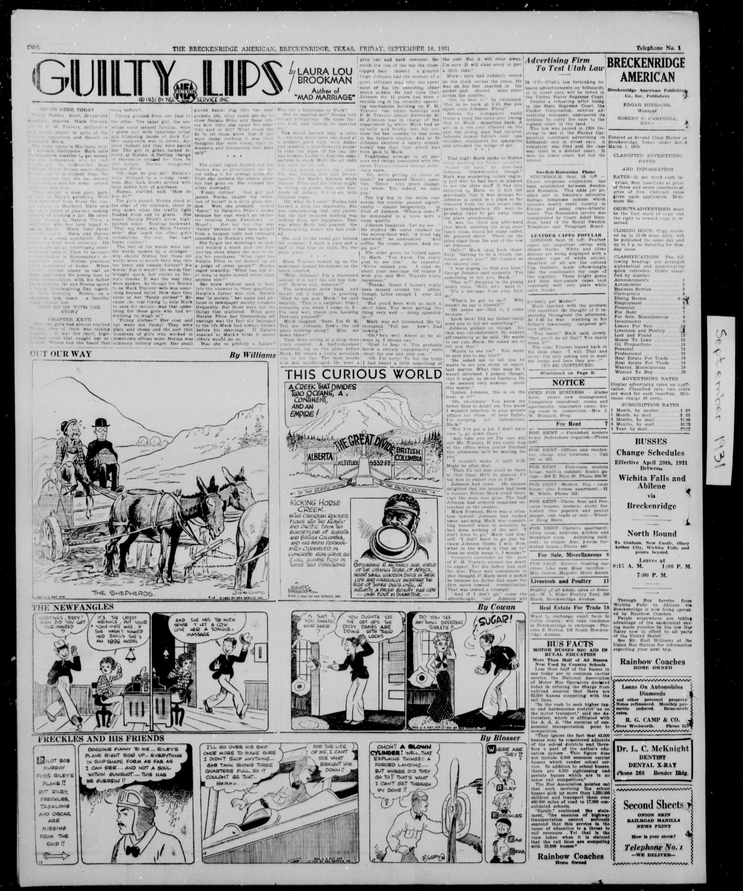 The Breckenridge American (Breckenridge, Tex), Vol. 11, No. 249, Ed. 1, Friday, September 18, 1931
                                                
                                                    [Sequence #]: 2 of 6
                                                